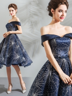 DS045 - **พรีออเดอร์** ชุดสีน้ำเงินกรมท่าประดับกากเพชร ชุดราตรี เดรสสั้นออกงาน (short dresses) ชุดไปงานแต่งงานสวยๆ