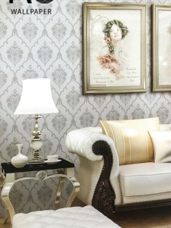 วอลเปเปอร์ลายหลุยส์ดอกสีเงินมีกลิตเตอร์พื้นสีเทา ROL-R01