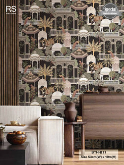 วอลเปเปอร์ลายใบไม้สไตล์ทรอปิคอล สีพื้นดำ BTH-B11