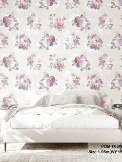 วอลเปเปอร์ลายดอกไม้สีชมพู-แดง-ม่วง พื้นสีเขียว POM-F63W