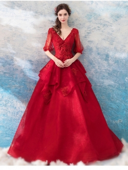 DL100 **พรีออเดอร์** ชุดออกงานสีแดง ชุดราตรี เดรสยาวออกงาน (Night party dresses) ชุดไปงานแต่งงานสวยๆ "ธีมสีแดง"