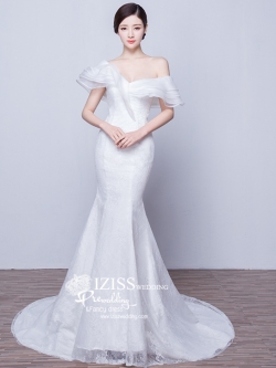 BR153 **พรีออเดอร์**ชุดแต่งงาน&ชุดเจ้าสาวแบบยาวสีขาวเกรดพรีเมี่ยม เปิดไหล่ มีแขน หรูหราน่ารัก สวยโดดเด่นไม่ซ้ำใคร