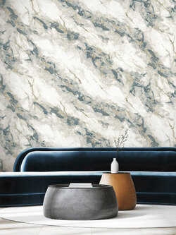 วอลเปเปอร์ลายหินอ่อน สีเทาน้ำเงินแทรกสีทอง MAR-C10W