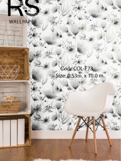 วอลเปเปอร์ลายดอกไม้ดอกหญ้าสีมุกกับดาร์คดำพื้นสีขาวล้วน COL-F73