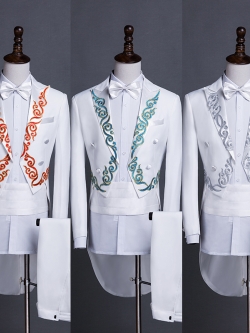 ST130- **พรีออเดอร์**สูททักสิโด้ผู้ชายสีขาว แขนยาว พร้อมแถบคาดเอว และกางเกง ชุดสูทเจ้าบ่าว สูทแฟนซี ถ่ายพรีเวดดิ้ง & ชุดแต่งงานแฟนซี (Fancy wedding dress) สูททักสิโด้ผู้ชายสีขาว