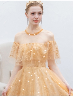 DL089 **พรีออเดอร์** ชุดออกงานสีทอง ชุดราตรี เดรสยาวออกงาน (Night party dresses) ชุดไปงานแต่งงานสวยๆ "ธีมสีทอง"