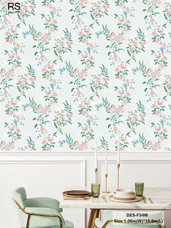 วอลเปเปอร์ลายดอกไม้สีโอรสฟ้า พื้นสีเขียวมิ้นท์อ่อน DES-F34W