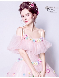 DL043 - **พรีออเดอร์** ชุดราตรี เดรสยาวออกงาน (Night party dresses) ชุดไปงานแต่งงานสวยๆ "ธีมสีชมพูแต่งดอก 3D"