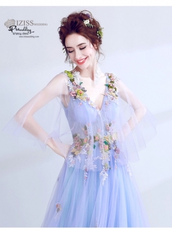 DL017 - **พรีออเดอร์** ชุดราตรี เดรสยาวออกงาน (short dresses) ชุดไปงานแต่งงานสวยๆ "ธีมสีฟ้า"