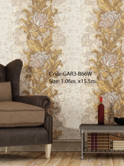 วอลเปเปอร์ลายทางดอกไม้ใบไม้ใหญ่โทนสีเหลืองอมทอง ขาว และสีกะปิ GAR3-B66W