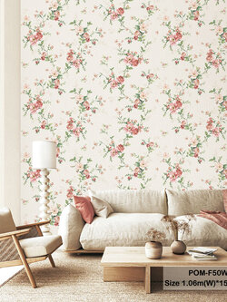 วอลเปเปอร์ลายดอกไม้สีชมพู-โอรส พื้นสีน้ำตาลอ่อน POM-F50W