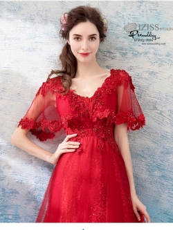 DL068 - **พรีออเดอร์** ชุดราตรี เดรสยาวออกงาน (Night party dresses) ชุดไปงานแต่งงานสวยๆ "ธีมสีแดงแต่งดอก 3D"