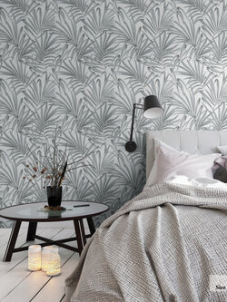 วอลเปเปอร์ลายใบไม้สีเทาเงิน พื้นขาว VDI2-B32