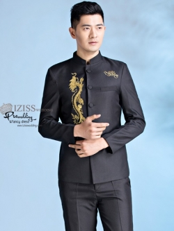 ST088 **พรีออเดอร์**สูทจีนผู้ชายสีดำแขนยาวปักลายมังกรสีทอง ติดกระดุมสีดำ พร้อมกางเกงสีดำขาสอบ ชุดสูทเจ้าบ่าว สูทแฟนซี ถ่ายพรีเวดดิ้ง & ชุดแต่งงานแฟนซี (Fancy wedding dress) สูทผู้ชายสีดำ