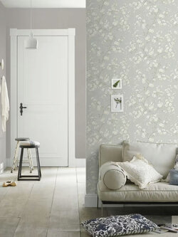 วอลเปเปอร์ลายดอกไม้ซากุระเล็กๆ สีขาว พื้นสีเทา CTC-B14