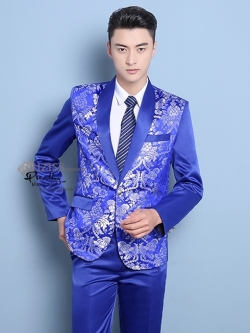 ST094 **พรีออเดอร์**สูทจีนผู้ชายสีน้ำเงินแขนยาว ลายดอกไม้จีนสีเงิน ติดกระดุม พร้อมกางเกงสีน้ำเงินขาสอบ ชุดสูทเจ้าบ่าว สูทแฟนซี ถ่ายพรีเวดดิ้ง & ชุดแต่งงานแฟนซี (Fancy wedding dress) สูทผู้ชายสีน้ำเงิน