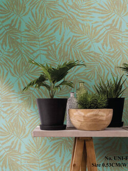 วอลเปเปอร์ติดผนัง ลายใบไม้สีทอง พื้นสีเขียวอมน้ำตาล No.UNI-F87