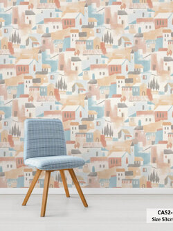 วอลเปเปอร์ภาพวาด ลายบ้านเมืองอาคาร โทนสีส้ม CAS2-D12