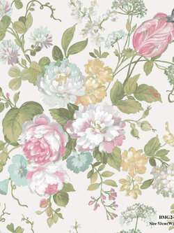 วอลเปเปอร์ลายดอกไม้ สีชมพู ฟ้า เหลือง พื้นสีขาว BMG2-B35