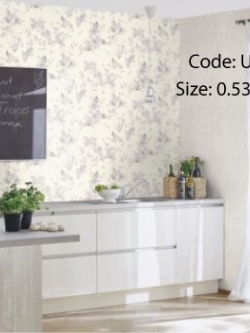 วอลเปเปอร์ลายใบไม้สีเทาอมม่วงอ่อน พื้นสีขาว มีกลิตเตอร์สีเงินโรย UP-B66