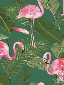 วอลเปเปอร์ลายใบไม้ พื้นสีเขียว นกสีชมพู AW2-A01