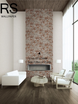 วอลเปเปอร์ลายใบไม้สีส้มทองแดงเลื้อยบนพื้นหิน ST3-C44W