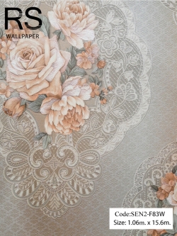 วอลเปเปอร์ลายดอกกุหลาบคลาสสิคสีโอรสแกมขาวพื้นโทนสีเทาเงิน SEN2-F83W