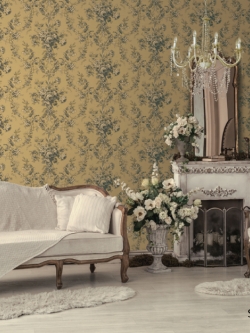 วอลเปเปอร์ลายดอกไม้พุ่มดอกสีน้ำเงินอมทองพื้นเทกเจอร์เส้นแนวนอนสีทองเหลือง ITT-F08