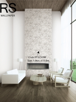 วอลเปเปอร์ลายใบไม้สีขาวอมสีเทาอ่อนเลื้อยบนพื้นหิน ST3-C43W