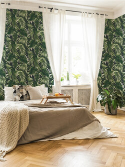 วอลเปเปอร์ ทรอปิคอลใบไม้เขียว สีพื้นดำ KBK-S10