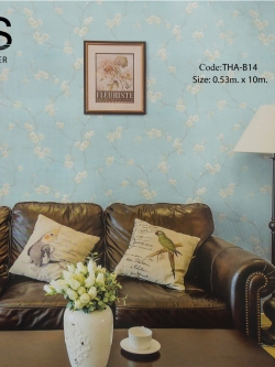 วอลเปเปอร์ลายดอกไม้สีเทาแกมขาวพื้นสีฟ้าอมเขียว THA-B14