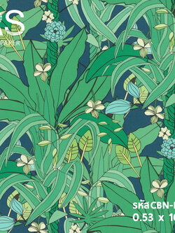 วอลเปเปอร์ลายใบไม้สีเขียว แซมสีฟ้า (Tropical Style) CBN-B15