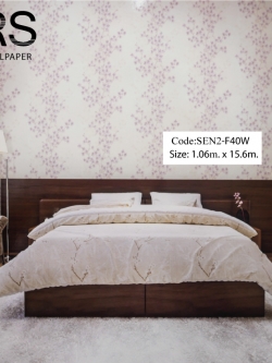 วอลเปเปอร์ลายดอกซากุระสีม่วงเป็นกิ่งเลื้อยพื้นสีน้ำตาลครีม SEN2-F40W