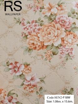 วอลเปเปอร์ลายดอกไม้พื้นเป็นตารางดอกไม้สานกันโทนสีครีมส้ม SEN2-F18W