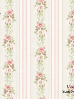 วอลเปเปอร์ลายทางดอกไม้ใบไม้ดอกออกสีชมพูใบเขียวอ่อน ช่องกว้าง 12 ซม.สีชมพูอ่อน สลับสีชมพูขาว BQ-B67