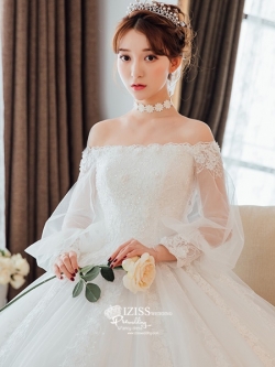 BR350 **พรีออเดอร์**ชุดแต่งงาน&ชุดเจ้าสาวแบบยาวอลังการ สีขาวเกรดพรีเมี่ยม หรูหราน่ารัก สวยโดดเด่นไม่ซ้ำใคร