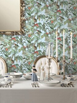 วอลเปเปอร์ใบไม้ต้นไม้ธรรมชาติมีนกพื้นผ้าไหมสีฟ้า (Tropical style) DEC-D50