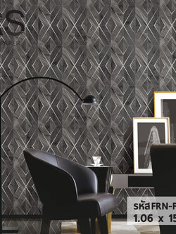 วอลเปเปอร์ลายหินอ่อน ทรงข้าวหลามตัด สีเทาดำ ขอบเงิน FRN-F16W