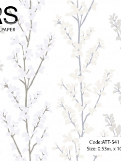 วอลเปเปอร์ลายก้านใบไม้สีม่วงอ่อน ครีมเข้ม น้ำตาลอ่อนพื้นสีขาวมุกอมทอง ATT-S41