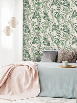 วอลเปเปอร์ ทรอปิคอลใบไม้เขียว สีพื้นชมพูอ่อน KBK-S13