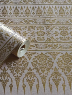 วอลเปเปอร์กรวยเชิงดอกพุดตานสีทองพื้นสีขาวอมชมพู LTH-M48