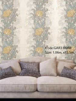วอลเปเปอร์ลายทางดอกไม้ใบไม้ใหญ่โทนสีเหลือง ฟ้า ขาว GAR3-B64W