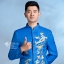 ST073 **พรีออเดอร์**สูทจีนผู้ชายสีฟ้าแขนยาวปักนกนางแอ่นสีทอง ติดกระดุมสีฟ้า พร้อมกางเกงสีดำขาสอบ ชุดสูทเจ้าบ่าว สูทแฟนซี ถ่ายพรีเวดดิ้ง & ชุดแต่งงานแฟนซี (Fancy wedding dress) สูทผู้ชายสีฟ้า-ดำ