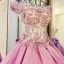 BRL077 **พรีออเดอร์มี 2 สี สีชมพูและสีม่วง**ชุดแต่งงานหรูหราประดับดอกไม้ผสมเพชรและคริสตัล สวยงามดุจเจ้าหญิง