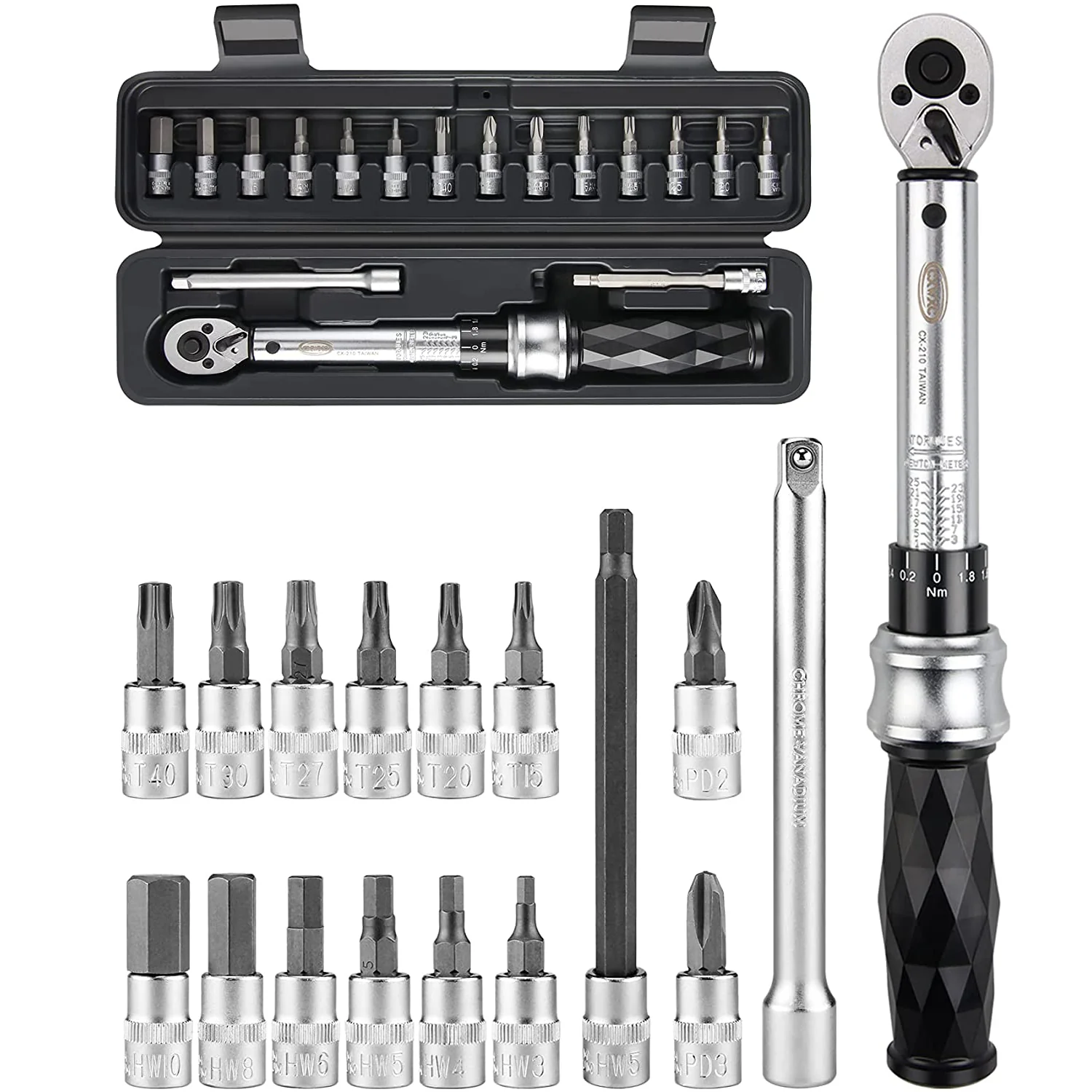 Bike Torque Wrench Set 1/4” Drive | ชุดประแจทอร์คจักรยาน 1–25Nm | พร้อมหัวบิต Allen, Torx, Philip และแกนต่อขยาย